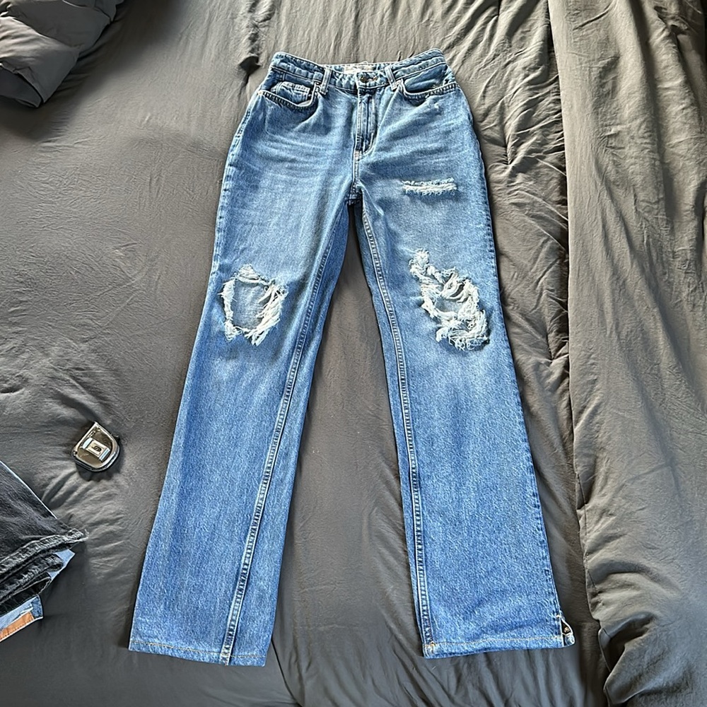 Free People We The Free My Own Lane Straight Leg Jeans Distressed Blue